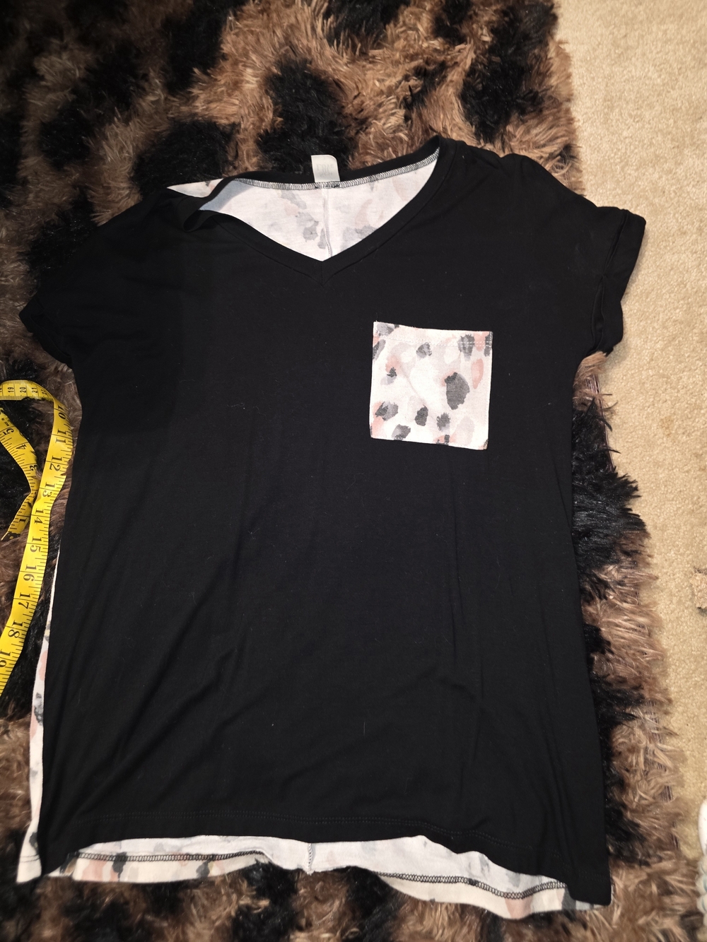 Sew In Love Black Short Sleeve V-Neck Tee with Pink/Gray Leopard Pocket